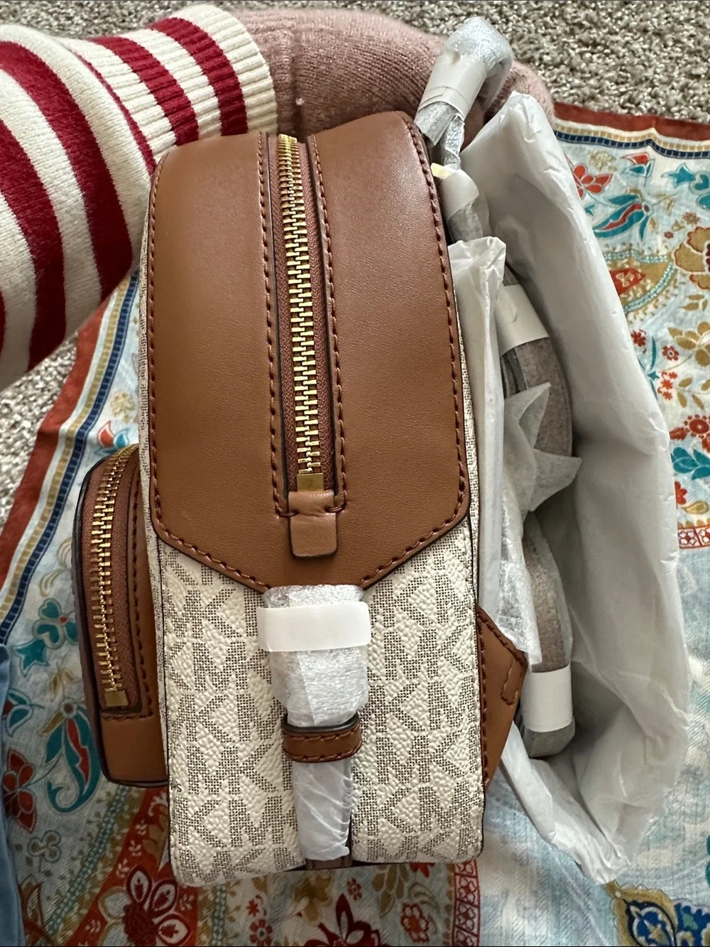 Michael Kors Beige Logo Mini Backpack with Brown Trim
